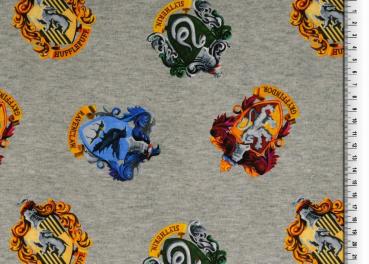 1,5 m Reststück  Baumwoll Jersey Harry Potter Wappen auf Hellgrau Melange